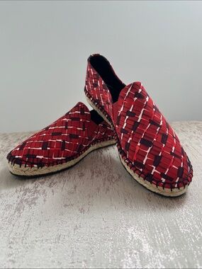 Bottega Veneta Red Grid-Patterned Slip-On Espadrilles